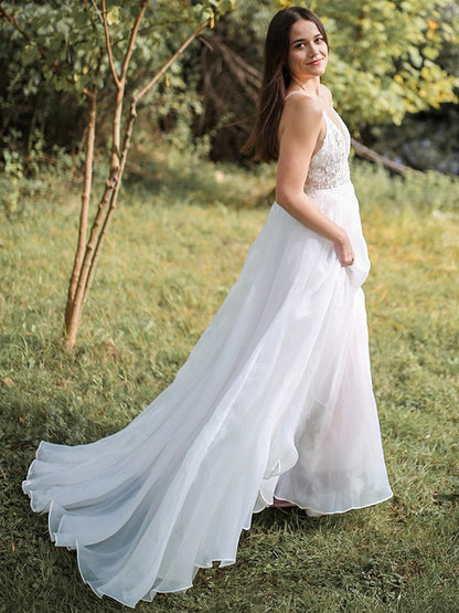 Elegant Princess Italian Noodle Strap Chiffon Applique Sleeveless Brush Train Wedding Dress