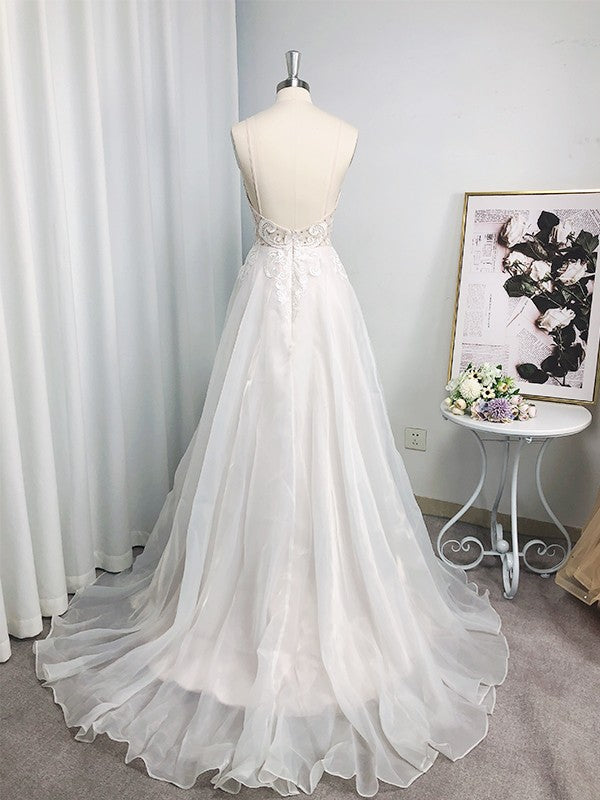 Elegant Princess Italian Noodle Strap Chiffon Applique Sleeveless Brush Train Wedding Dress