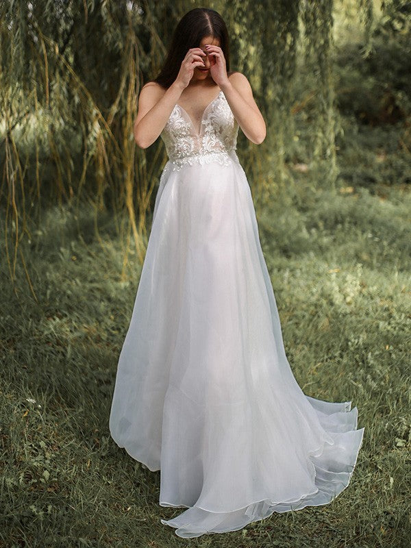 Elegant Princess Italian Noodle Strap Chiffon Applique Sleeveless Brush Train Wedding Dress