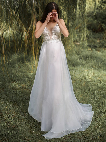 Elegant Princess Italian Noodle Strap Chiffon Applique Sleeveless Brush Train Wedding Dress