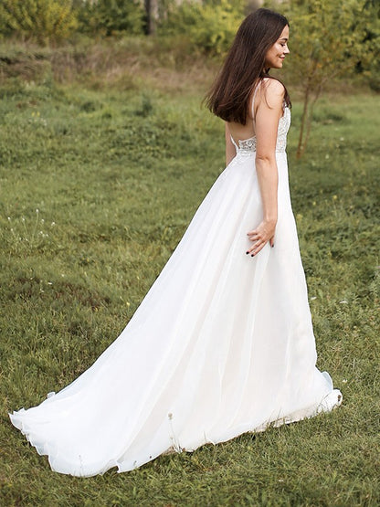 Elegant Princess Italian Noodle Strap Chiffon Applique Sleeveless Brush Train Wedding Dress