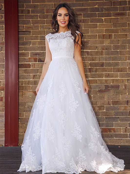 A-line Sweet Princess Lace Sleeveless Floor to Floor Wedding Dress