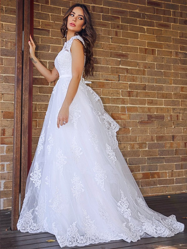 A-line Sweet Princess Lace Sleeveless Floor to Floor Wedding Dress
