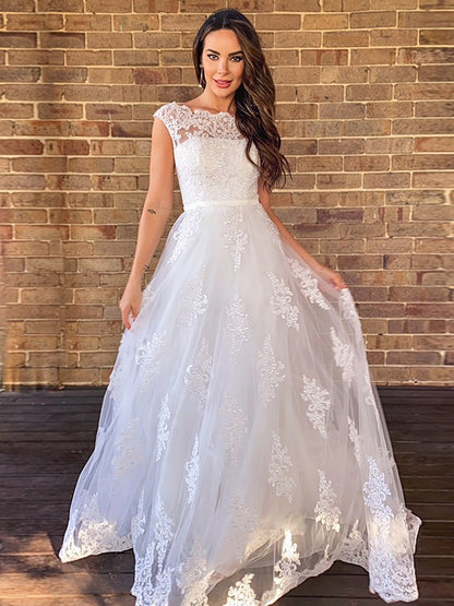 A-line Sweet Princess Lace Sleeveless Floor to Floor Wedding Dress