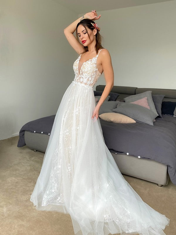 A-line Princess Tulle V-neck Sleeveless Applique Bra Wedding Dress