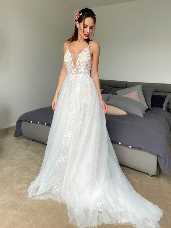 A-line Princess Tulle V-neck Sleeveless Applique Bra Wedding Dress
