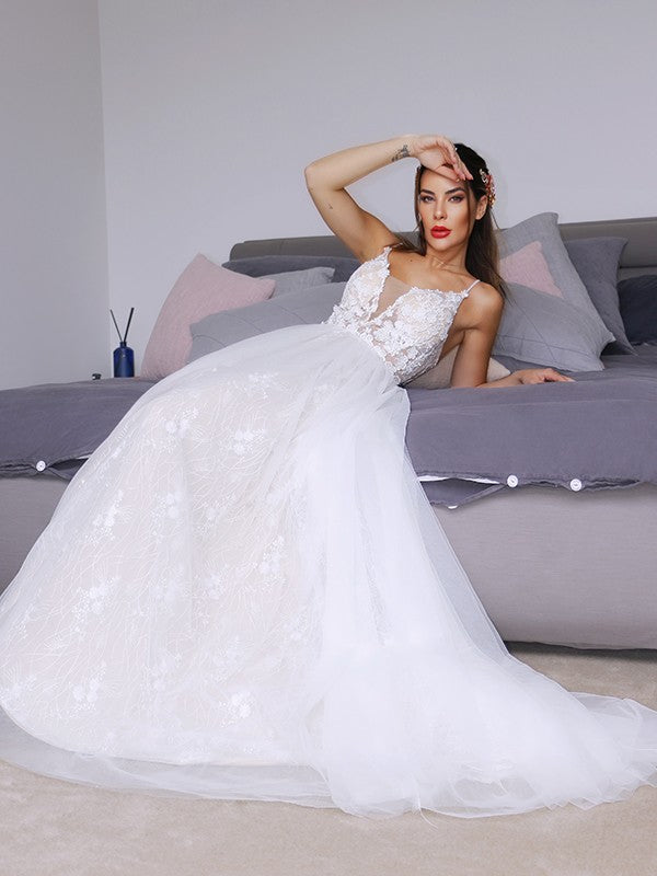 A-line Princess Tulle V-neck Sleeveless Applique Bra Wedding Dress