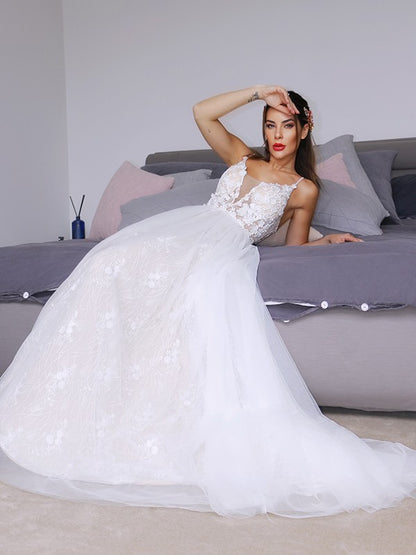 A-line Princess Tulle V-neck Sleeveless Applique Bra Wedding Dress