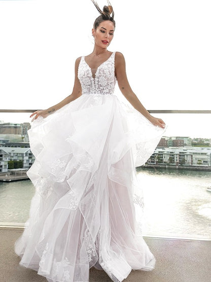 Elegant Princess V-neck Applique Sleeveless Tulle Bra Brush Train Wedding Dress
