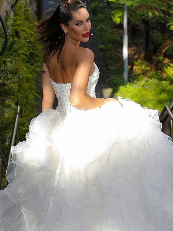 Organza Sleeveless Sequins Sweet Floor to Floor Wedding Dress