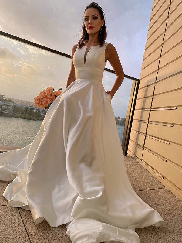 Sweet Princess Satin Ruffle Edge Scoop Sleeveless Brush Train Wedding Dress