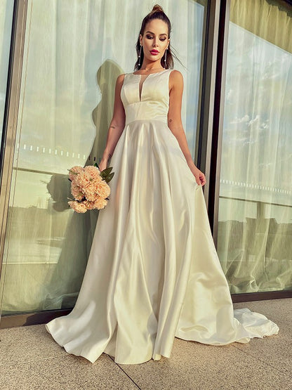 Sweet Princess Satin Ruffle Edge Scoop Sleeveless Brush Train Wedding Dress
