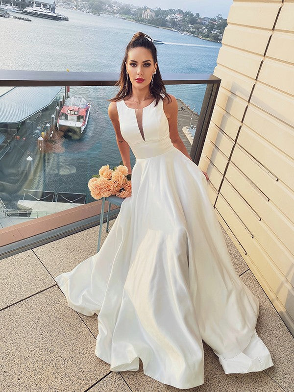 Sweet Princess Satin Ruffle Edge Scoop Sleeveless Brush Train Wedding Dress