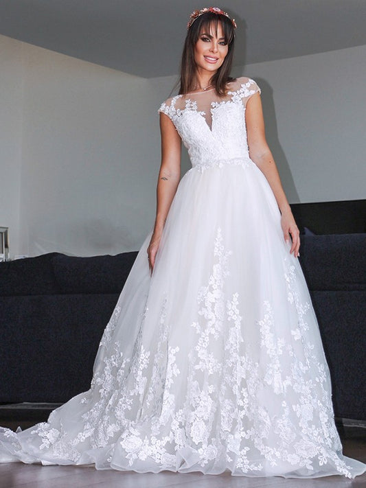 A-line Elegant Princess Tulle Applique V-neck Sleeveless Palace Dress Wedding Dress