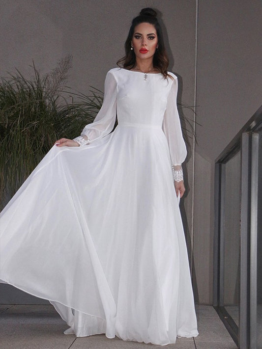 A-line Sweet Princess Chiffon Ruffle Edge Long Sleeve Wedding Wedding Dress