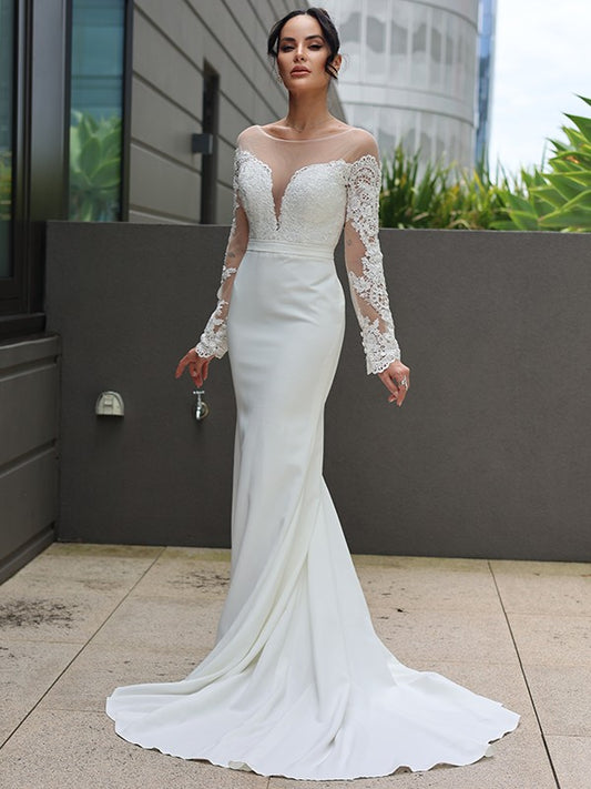 Skirt elastic crepe silk lace hollow long sleeved large hem floral tail wedding dress