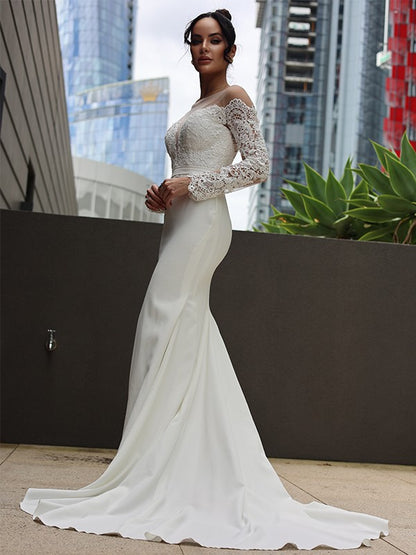 Skirt elastic crepe silk lace hollow long sleeved large hem floral tail wedding dress