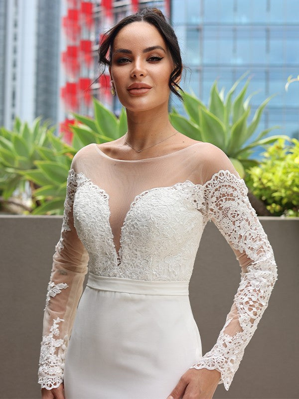 Skirt elastic crepe silk lace hollow long sleeved large hem floral tail wedding dress