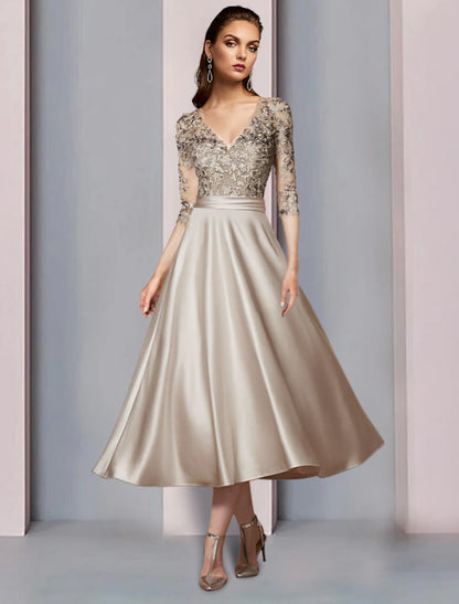 A-shaped Bride Mom Dress Wedding Guests are dignified with V-neck tea long satin lace half sleeve pleated stickers