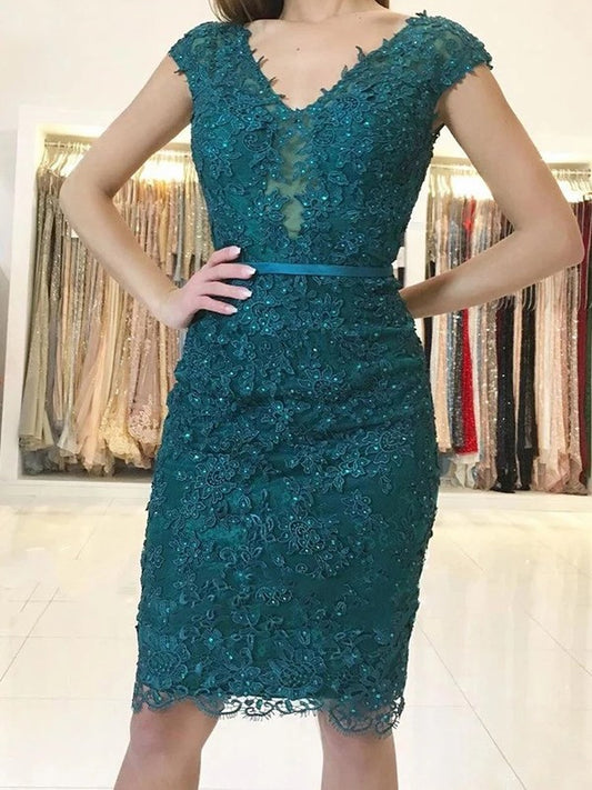 Pillar lace waistband belt V-neck short sleeved knee length bridal mother dress