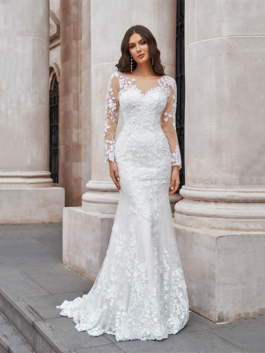 Trumpet herringbone chiffon sticker hollow long sleeved sweeping strapless wedding dress
