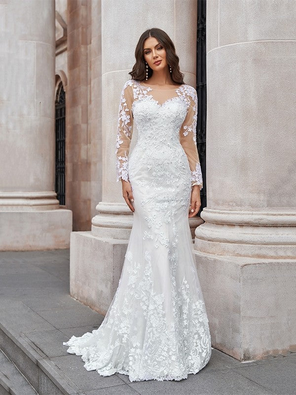 Trumpet herringbone chiffon sticker hollow long sleeved sweeping strapless wedding dress