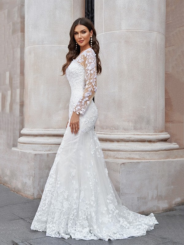 Trumpet herringbone chiffon sticker hollow long sleeved sweeping strapless wedding dress