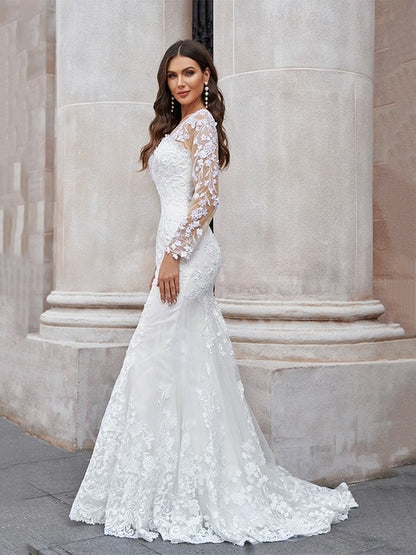 Trumpet herringbone chiffon sticker hollow long sleeved sweeping strapless wedding dress