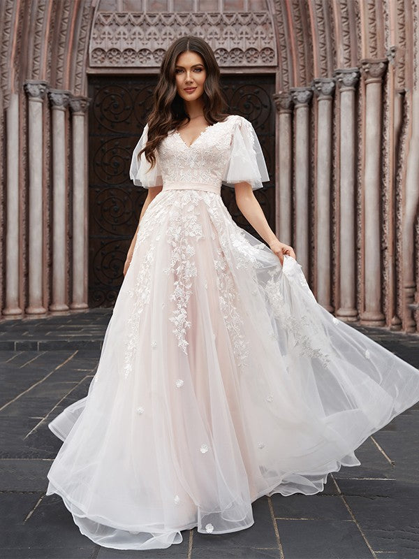 A-line Elegant Princess Tulle Applique V-neck 1/2 Sleeve Palace Style Train Wedding Dress