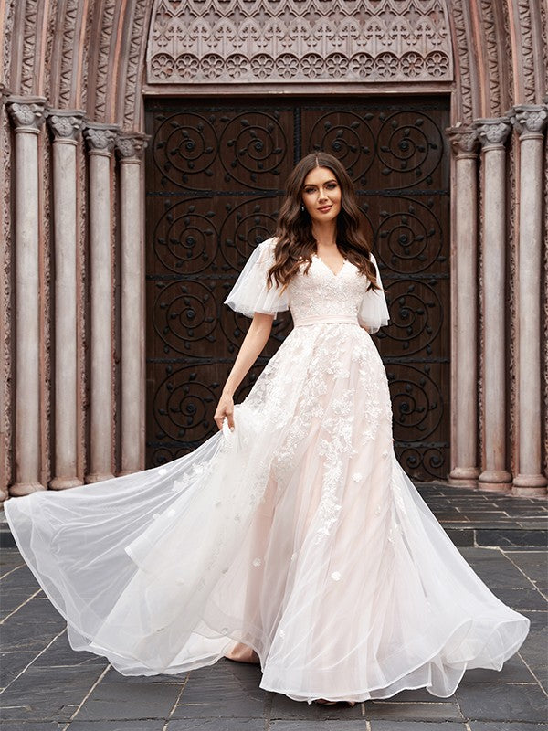 A-line Sweet Princess Tulle Applique V-neck Palace Dress Wedding Dress