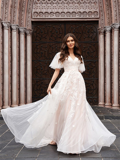 A-line Sweet Princess Tulle Applique V-neck Palace Dress Wedding Dress