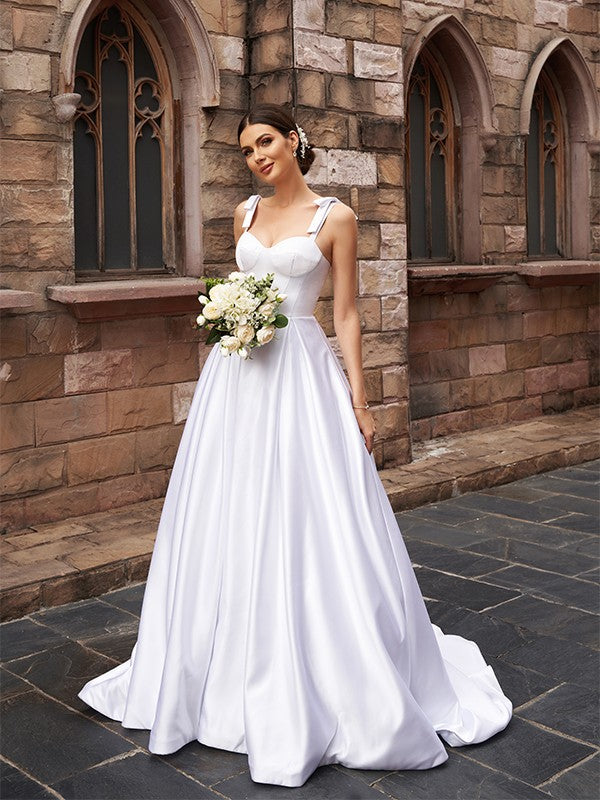 A-line Princess Satin Ruffle Edge Lace Sleeveless Formal Wedding Dress