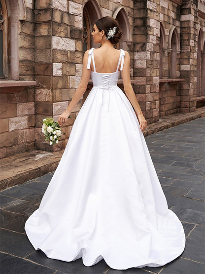 A-line Princess Satin Ruffle Edge Lace Sleeveless Formal Wedding Dress