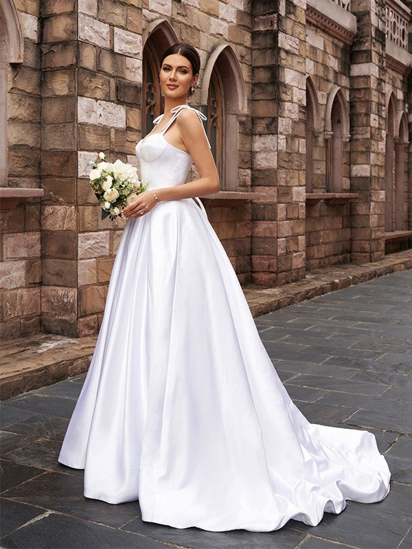 A-line Princess Satin Ruffle Edge Lace Sleeveless Formal Wedding Dress