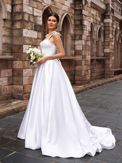 A-line Princess Satin Ruffle Edge Lace Sleeveless Formal Wedding Dress