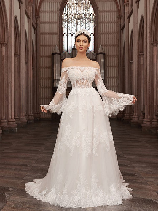 A-line Princess Style Off Shoulder Tulle Long sleeved Applique Shoulder length Wedding Dress