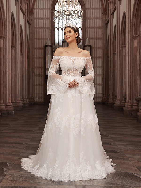 A-line sexy princess off the shoulder sheer long sleeved embellished strapless skirt hem wedding dress