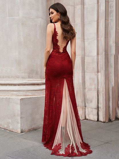 Trumpet mermaid shaped sheer lace V-neck sleeveless brushed dress