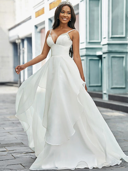 A-line Princess V-neck Organza Sleeveless Beaded Train Wedding Dress