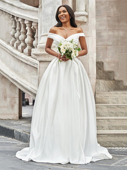 A-line princess style off the shoulder pleated sleeveless satin court drag wedding dress