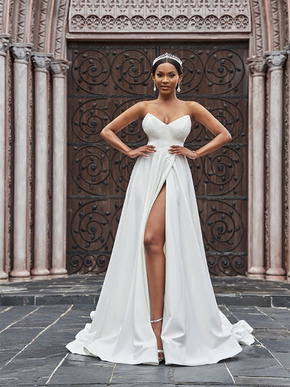 A-shaped elegant princess style elastic pleated ruffled edge sleeveless sweetheart court trailing wedding dress