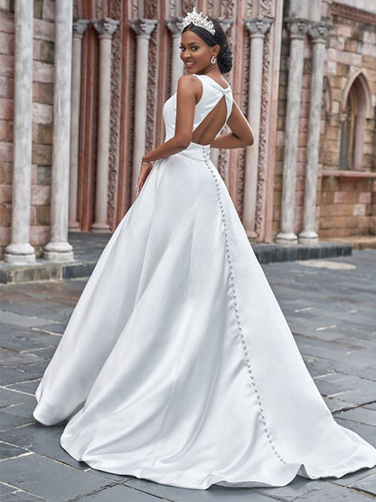 A-line skirt elegant princess satin wrap buttocks ruffled edge sleeveless large swing strapless wedding dress