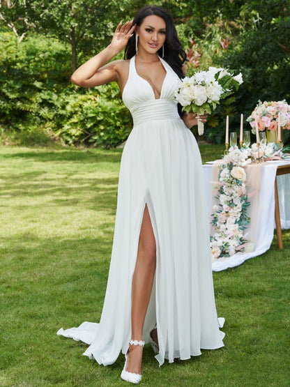 Sweet Princess Chiffon Lotus Edge Halter Sleeveless Skirt Wedding Dress