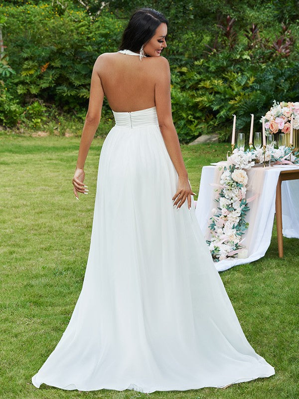 Sweet Princess Chiffon Lotus Edge Halter Sleeveless Skirt Wedding Dress