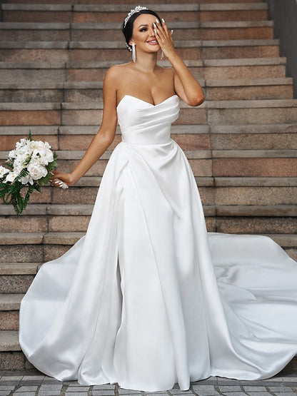 A-line Princess Satin Ruffle Edge Sweet Sleeveless Church Dress Wedding Dress