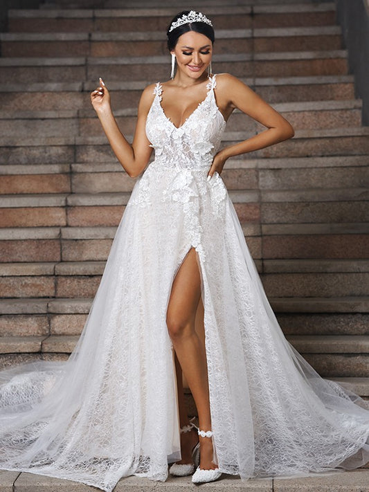 A-shaped Princess Lace Applique V-neck Sleeveless Brush Tail Wedding Dress