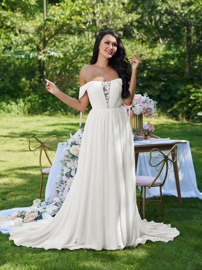 A-shaped Princess Chiffon Ruffle Edge Off Shoulder Sleeveless Brush Tail Wedding Dress