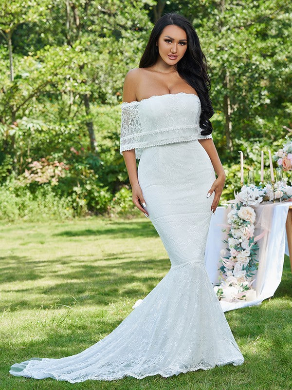 Loudspeaker slim fit mermaid lace ruffled sleeveless train wedding dress