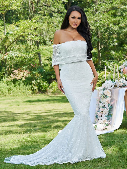 Loudspeaker slim fit mermaid lace ruffled sleeveless train wedding dress