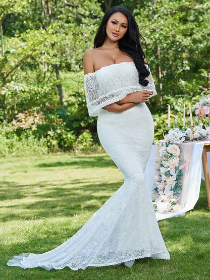 Loudspeaker slim fit mermaid lace ruffled sleeveless train wedding dress